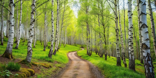 Photo winding path in spring birch forest in mountains at tilted angle