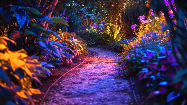 Photo a winding path through a colorful illuminated garden