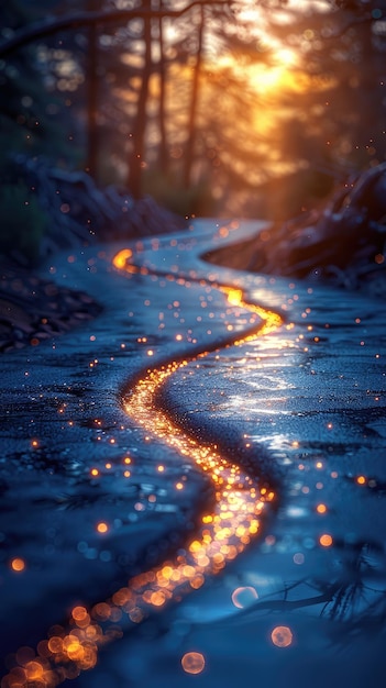 Photo a winding path through a forest illuminated by golden bokeh lights