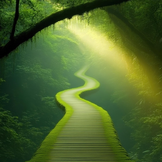 Photo a winding path through a lush green forest illuminated by soft sunlight