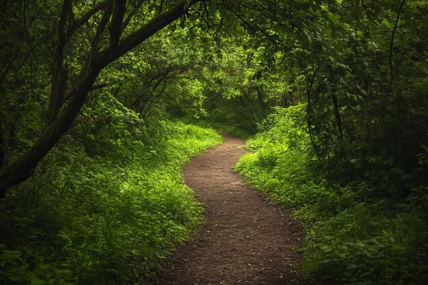 Photo a winding path through a lush green forest inviting exploration and tranquility