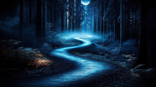 Photo a winding path through a mysterious dark forest illuminated by moonlight