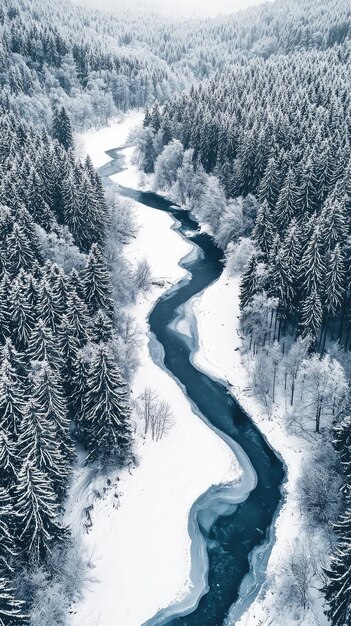 Photo a winding river carves through a frozen winter wonderland a serene landscape of snowcapped trees