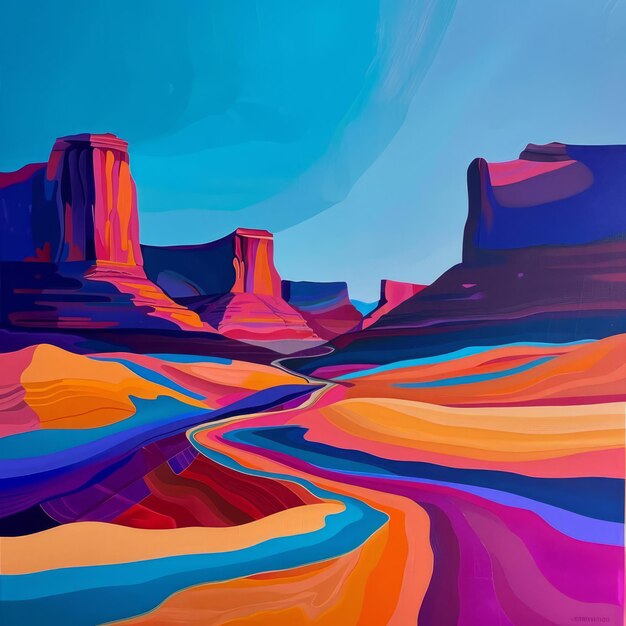 Winding river flowing through colorful desert canyon landscape