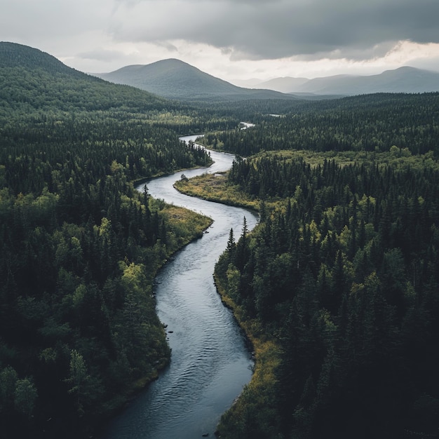 Photo a winding river flows through a dense forest surrounded by rolling hills under a cloudy sky