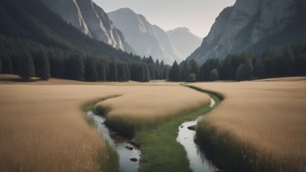 Photo a winding river flows through a field of tall grass surrounded by majestic mountains