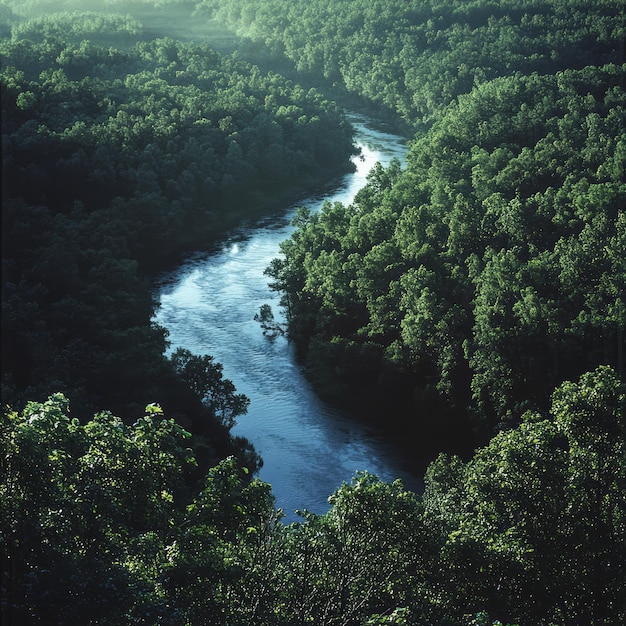 Photo a winding river flows through a lush forest with sunlight reflecting off its surface