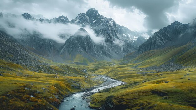 Photo a winding river flows through a valley surrounded by majestic mistshrouded mountains