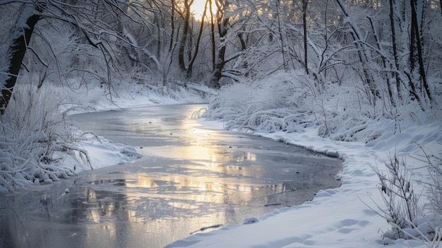 A winding river reflects the soft silver light of the moon its surface glistening like a frosty