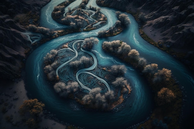 a winding river with a misty forest in the background used to represent the idea of evolution