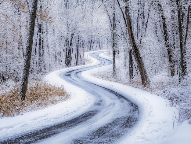 Photo winding road cutting through a snowcovered forest