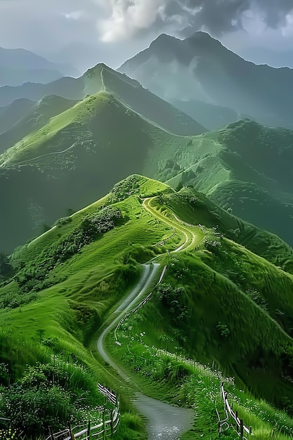 a winding road is seen from a mountain side