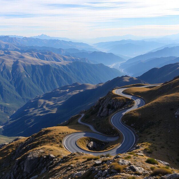 Photo a winding road is seen from the top of a mountain