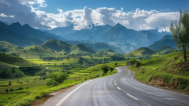 A winding road leading through a valley in the mountains