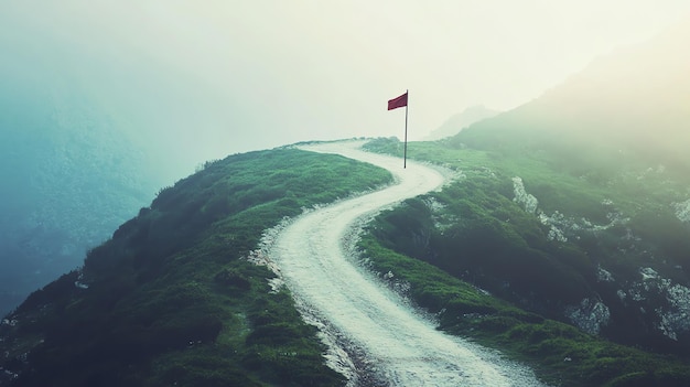 Photo a winding road leads up a mountain to a flag at the peak with a view of the valley below