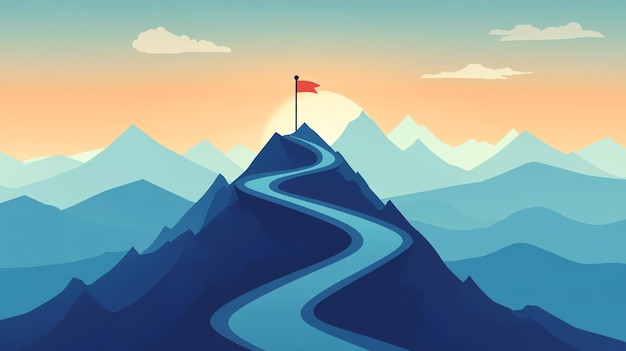 Photo a winding road leads up a mountain to a flag on a peak