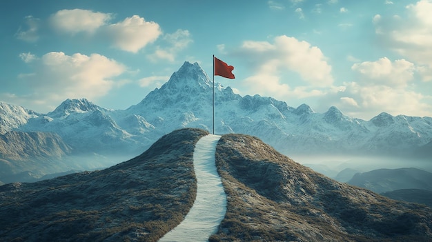 A winding road leads up a mountain to a red flag at the peak surrounded by clouds