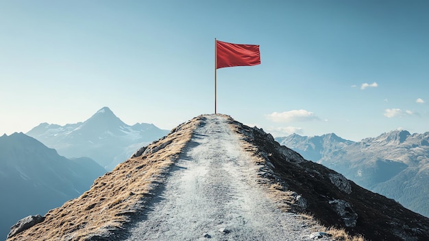 A winding road leads up a mountain to a red flag at the peak surrounded by clouds