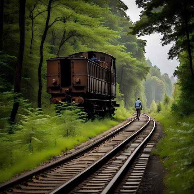 Photo winding road man walking on railway track in forest