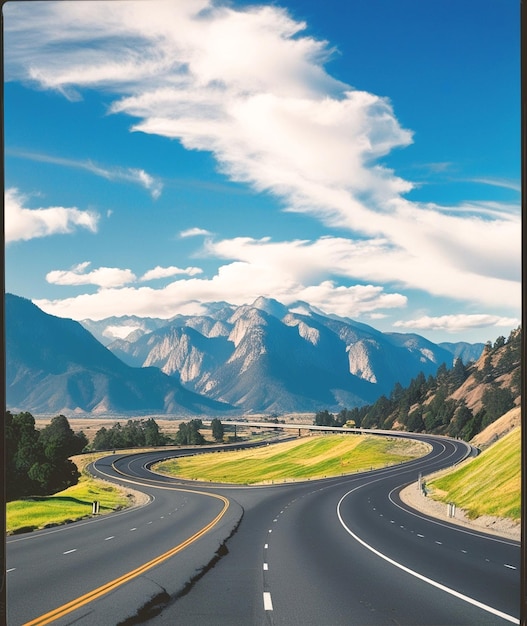 Photo a winding road meanders through the majestic california mountains under a clear blue sky