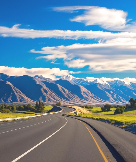 A winding road meanders through the majestic California mountains under a clear blue sky