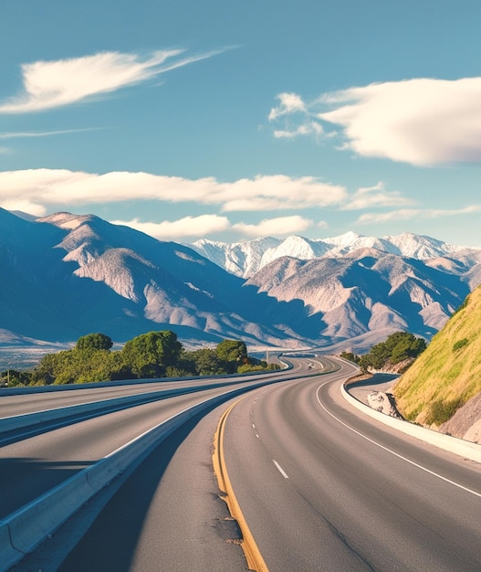 A winding road meanders through the majestic California mountains under a clear blue sky