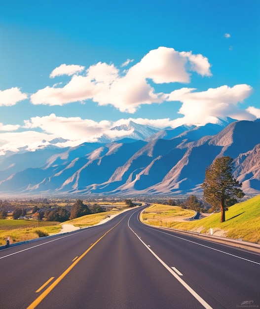 A winding road meanders through the majestic California mountains under a clear blue sky