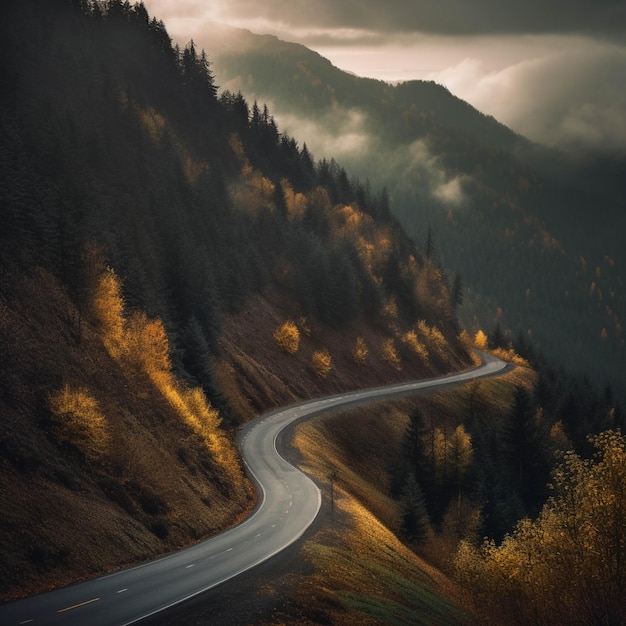 Winding road in the mountains at sunset