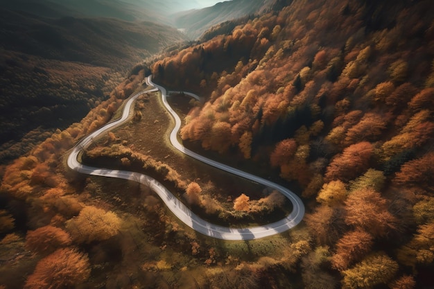 A winding road in the mountains with autumn colors