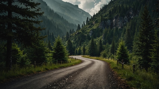 A winding road in the mountains with a green forest on either side