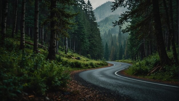 A winding road in the mountains with a green forest on either side