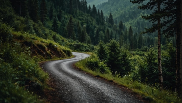 A winding road in the mountains with a green forest on either side