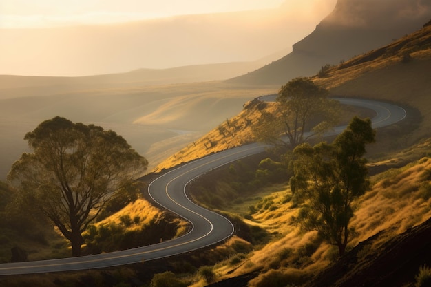 A winding road in the mountains with the sun setting behind it.