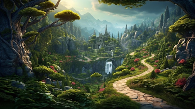 A winding road nestled in the heart of a lush forest