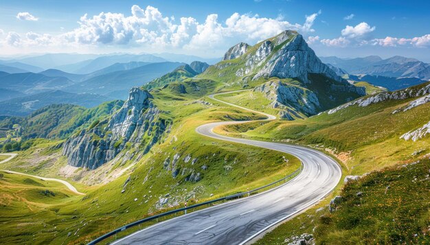 Photo a winding road runs through the mountains with a mountain in the background under the cloudy sky