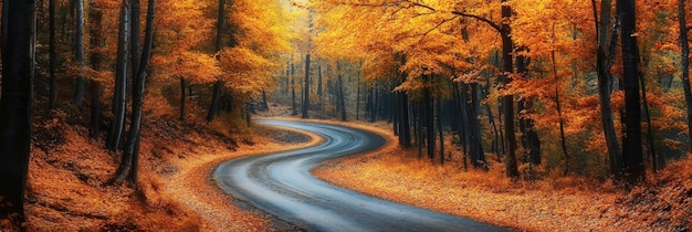 Photo winding road through autumn forest a scenic road winds through a vibrant autumn forest showc