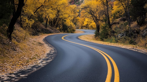 Winding road through autumn trees vibrant yellow foliage