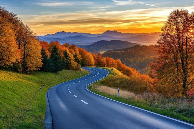 Photo winding road through colorful autumn foliage under a sunset in the mountains