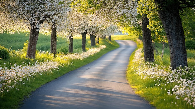 Photo a winding road through a field of wildflowers and blossoming trees in springtime