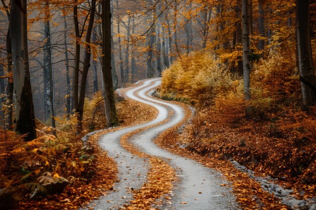 Photo winding road through golden autumn forest