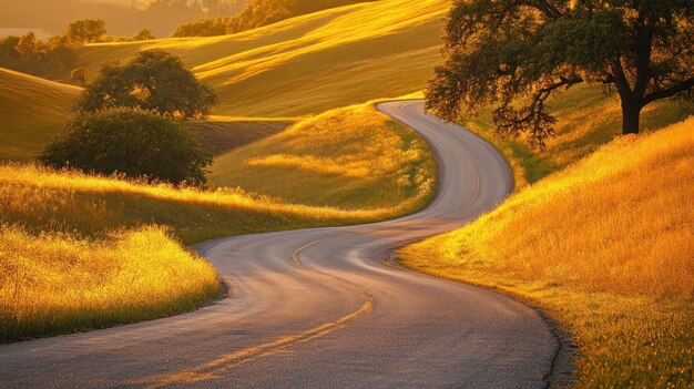 A winding road through golden hills at sunset showcasing nature39s beauty and tranquility