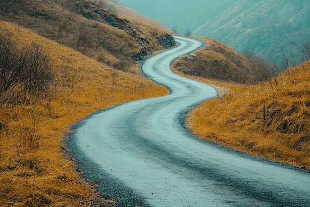 Photo winding road through misty hills with golden grass in early morning light