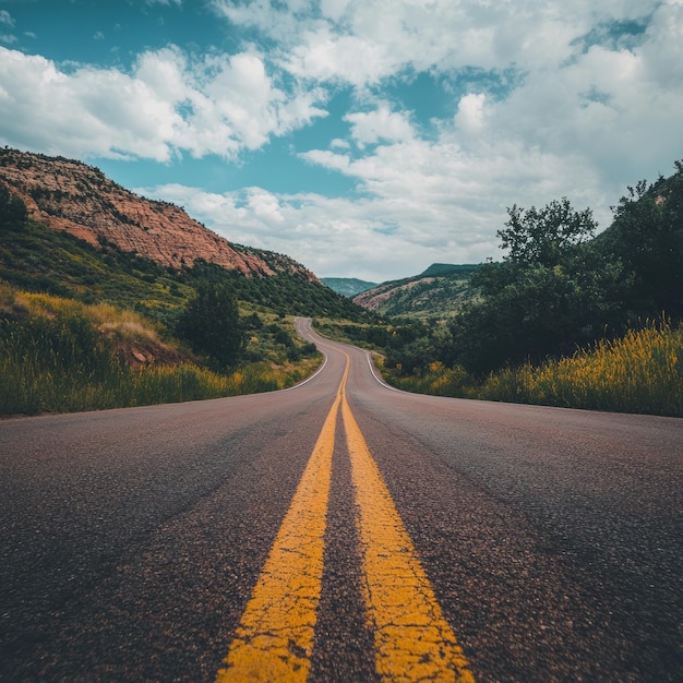 Winding road through a mountain valley with a clear blue sky