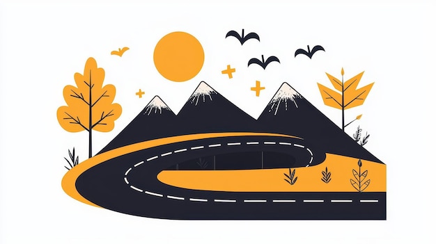 Photo winding road through mountains illustration with sun and birds