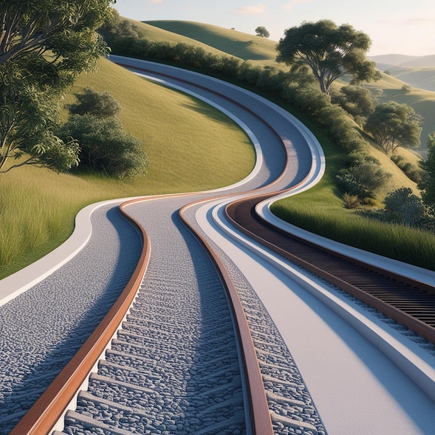 Photo winding road through natural landscape with tracks