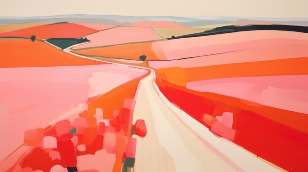 Photo winding road through pink and orange fields minimalist landscape art