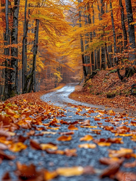 Photo winding road through vibrant autumn forest