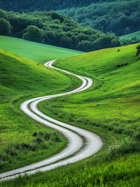 Photo winding road through a vibrant green countryside landscape