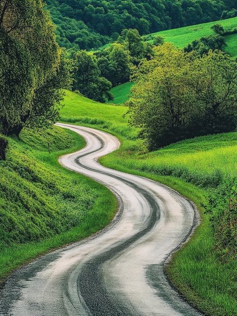 Winding road through a vibrant green countryside landscape