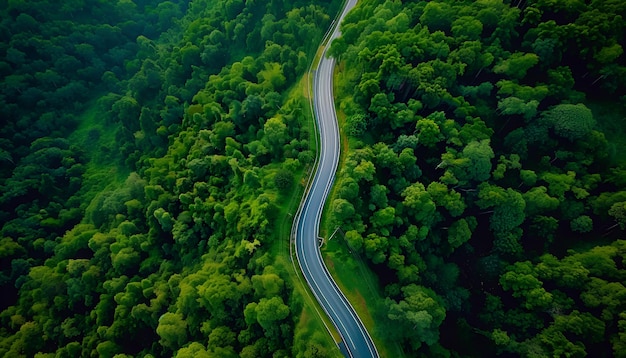 Winding road top view of beautiful aerial view of asphalt road highway through forest and fields